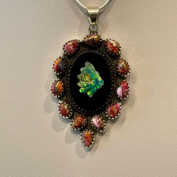 Southwestern Onyx Opal & Spiny Oyster Turquoise Indian Cameo Necklace Pendant - Picture 3 of 5